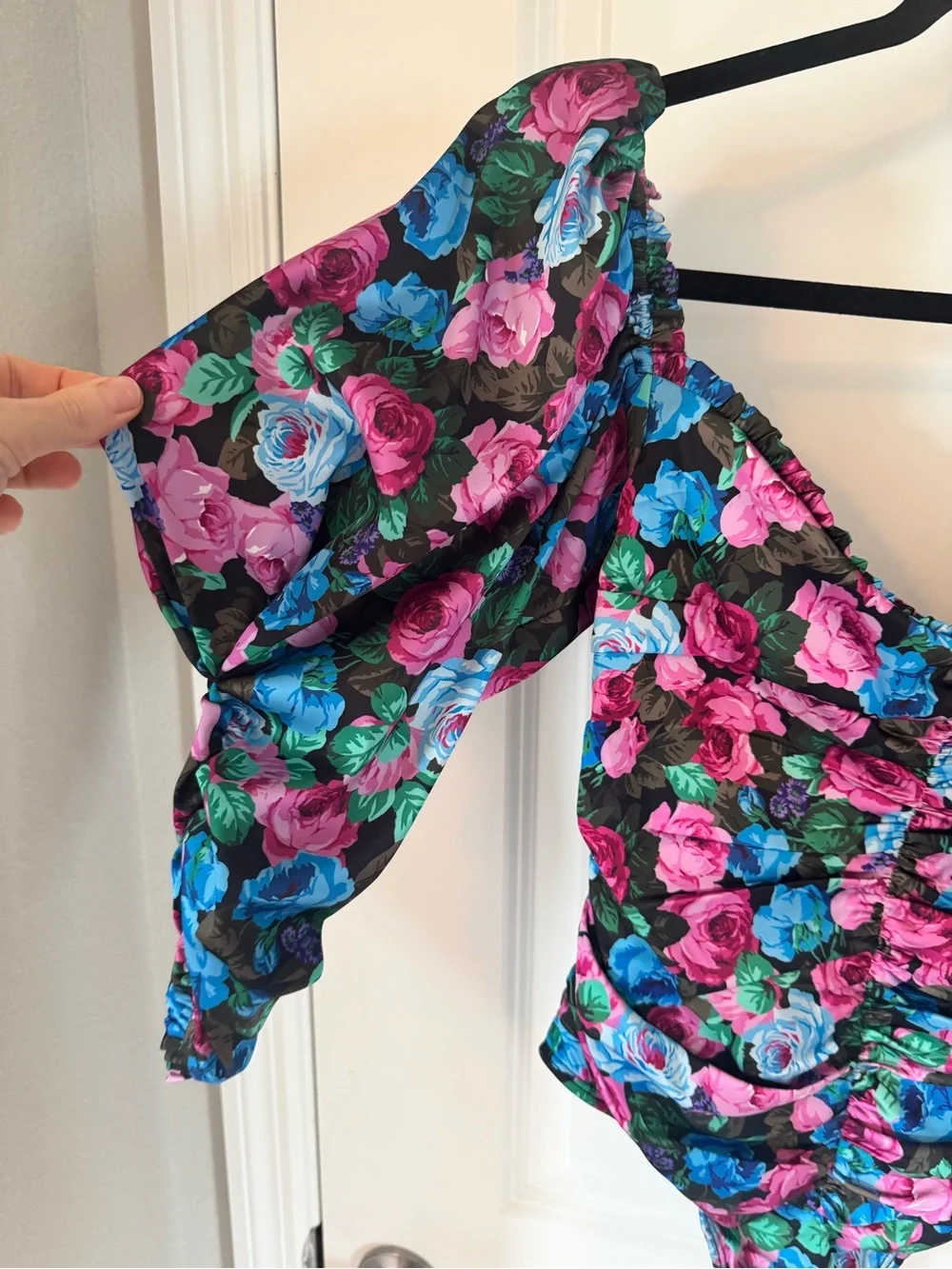 For Love & Lemons Money Floral Puff-Sleeve Bodysuit - Pink & Blue Roses